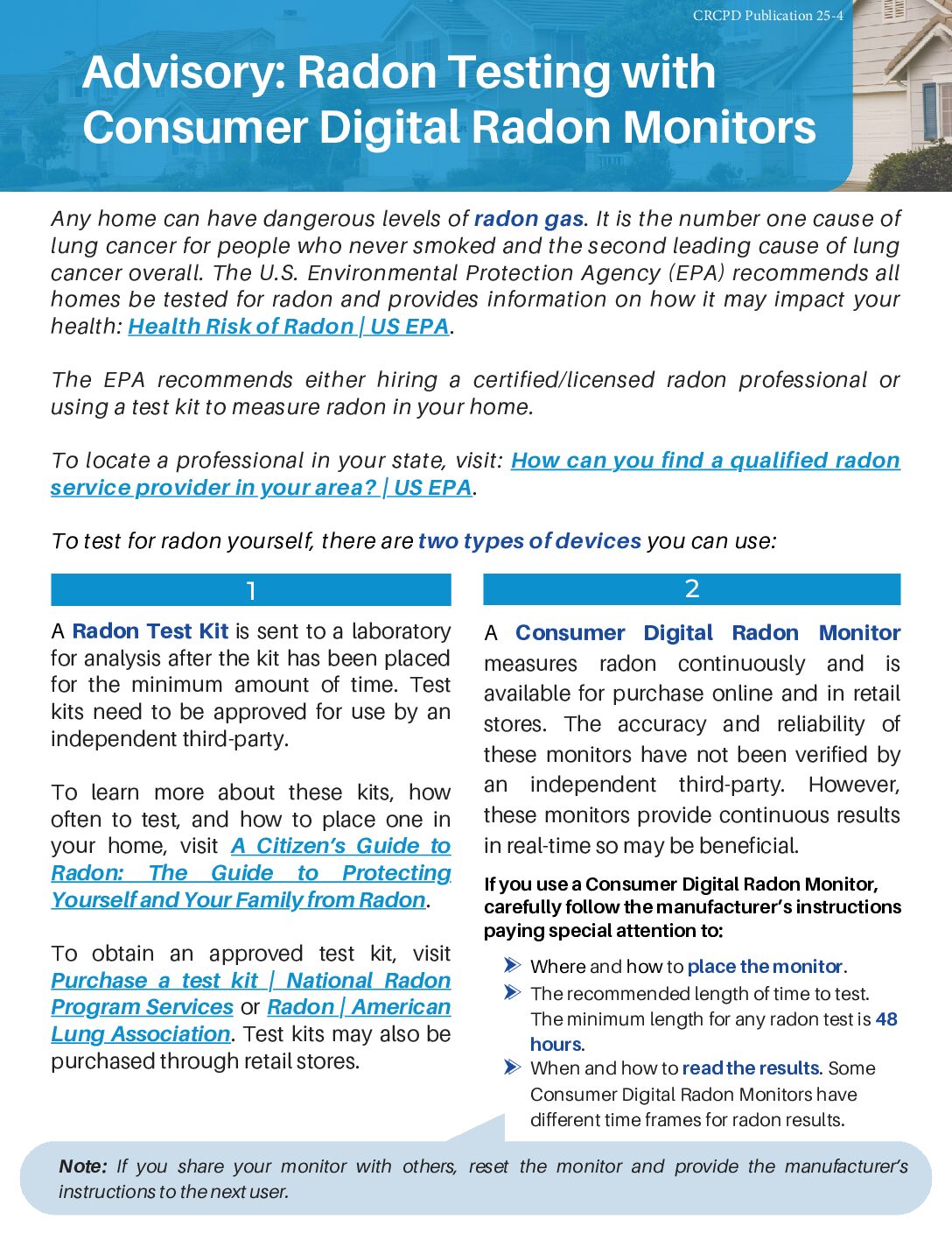 25-4 Radon Testing with CDRMs Revised Advisory: Radon Testing with Consumer Digital Radon Monitors