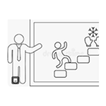 Line figure in tie pointing out another line figure ascending stairs. Success Stories.